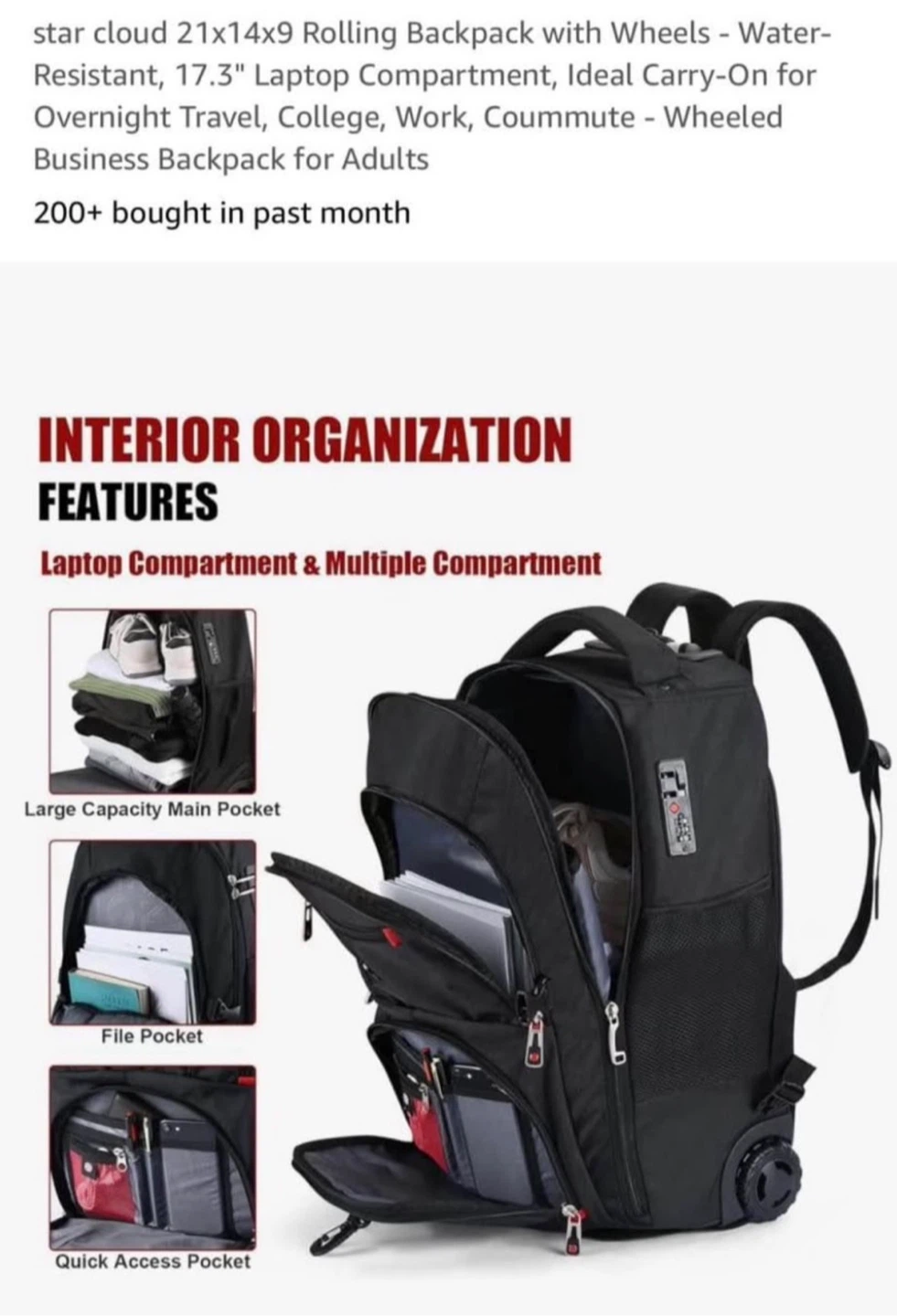 Rolling Backpack travel bag suitcase - Black - photo 2