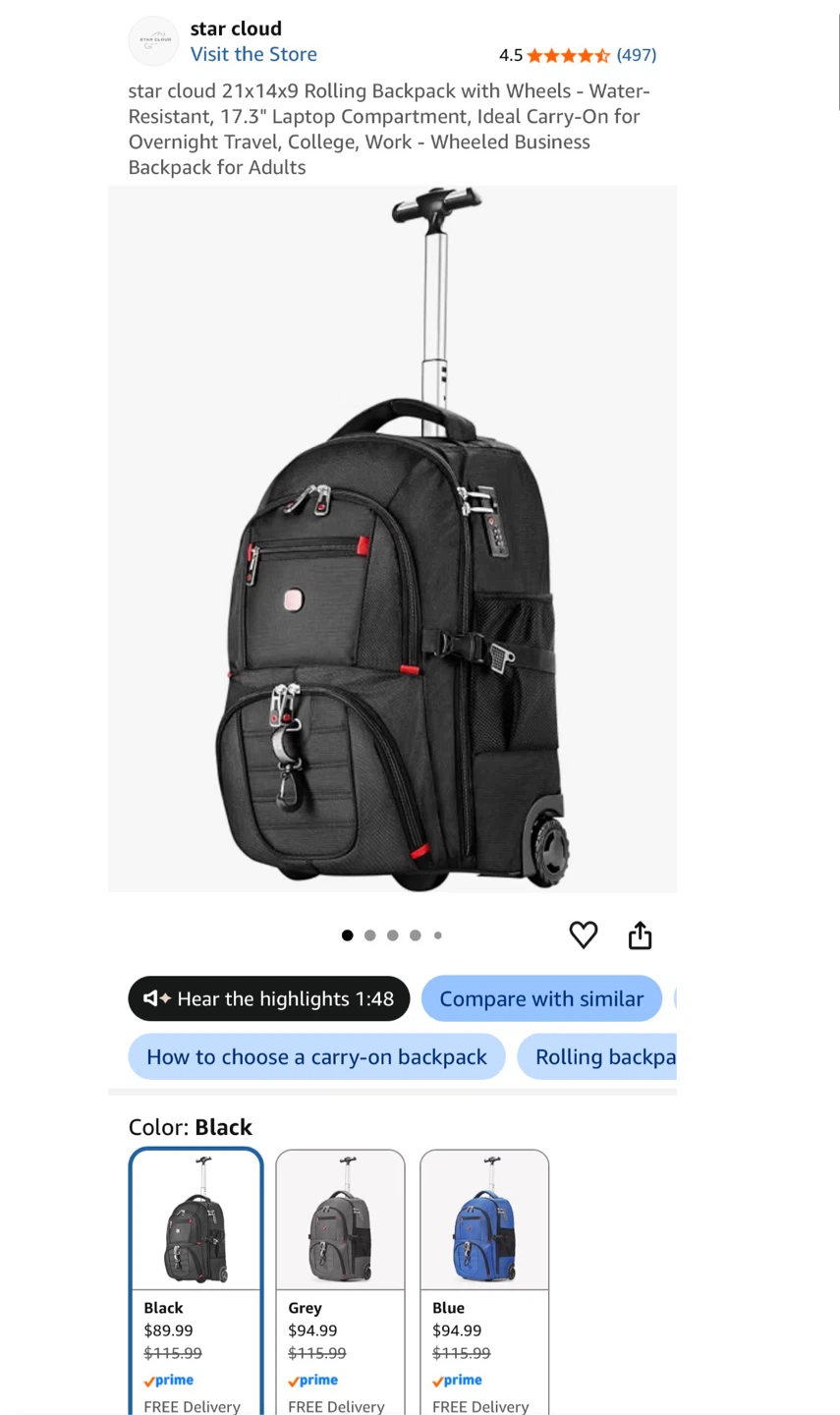 Rolling Backpack travel bag suitcase - Black - photo 4