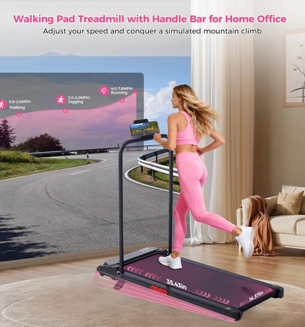 Walking Pad Treadmill with Handle Bar