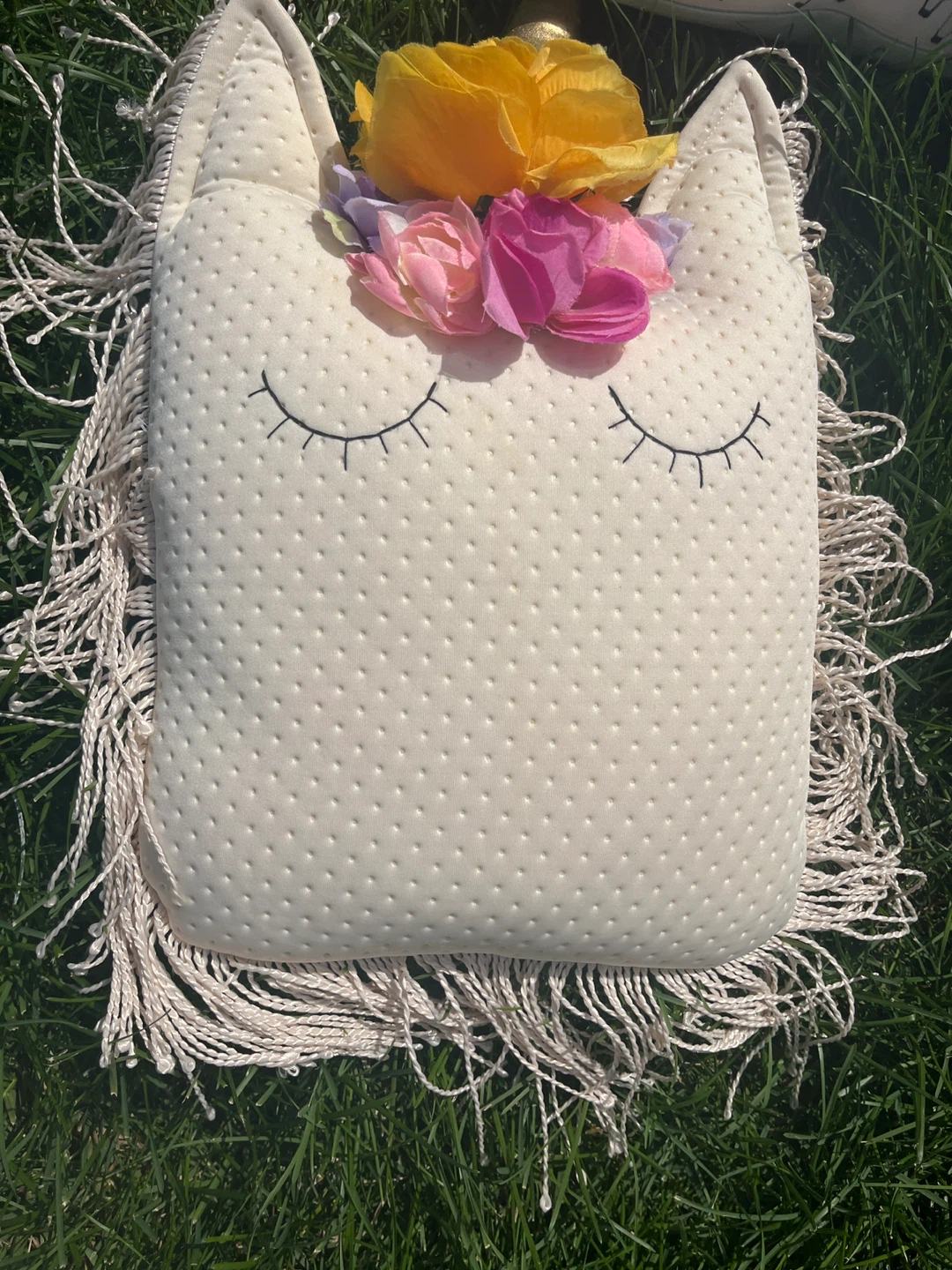 Cream Unicorn Pillow with Flowers and Fringe
