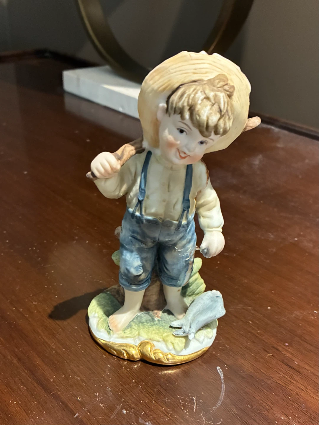 Vintage Ceramic Boy Figurine with Fishing Rod and Fish