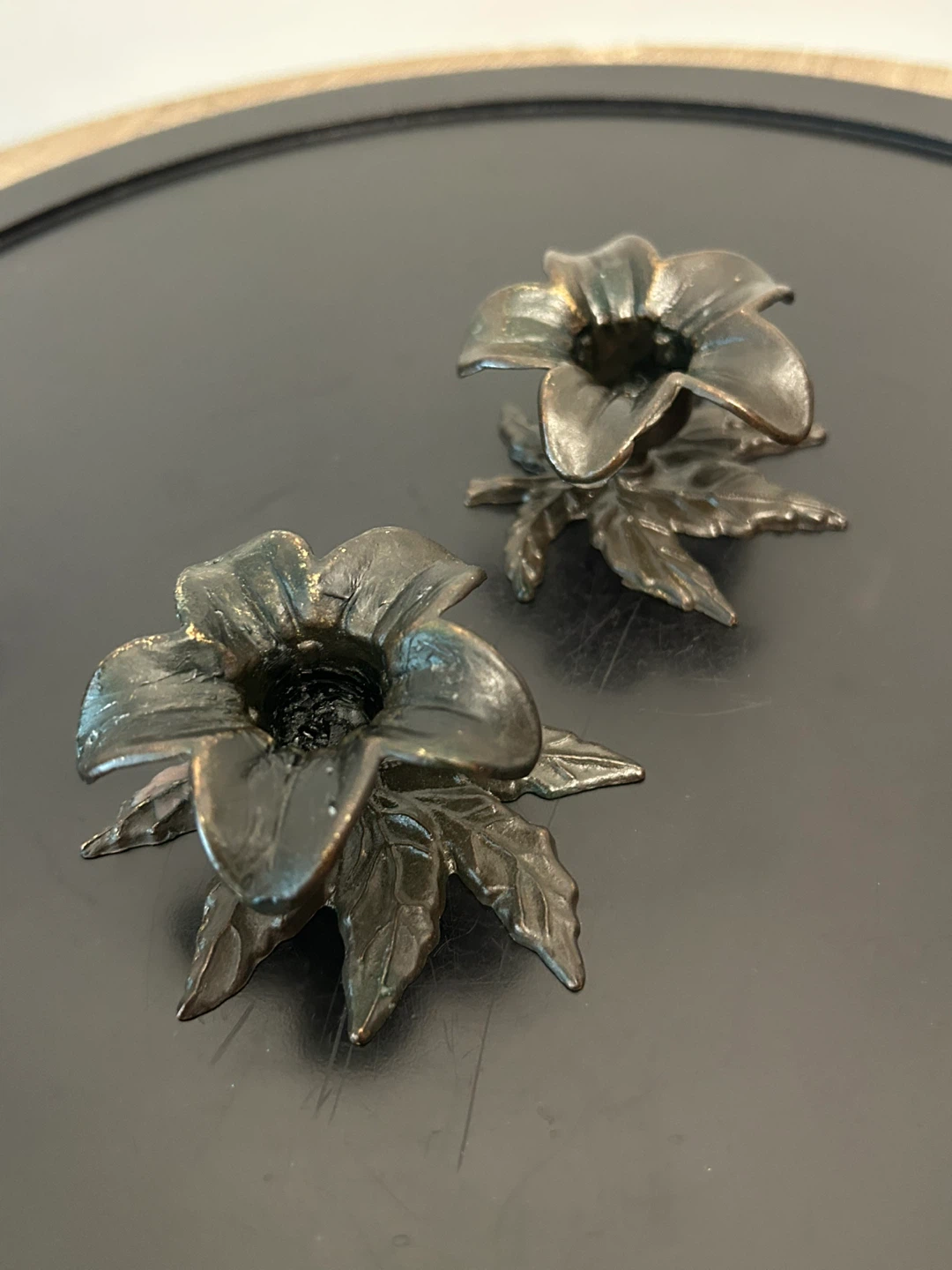 Vintage Italian Brass Flower & Leaf Taper Candlestick Holders