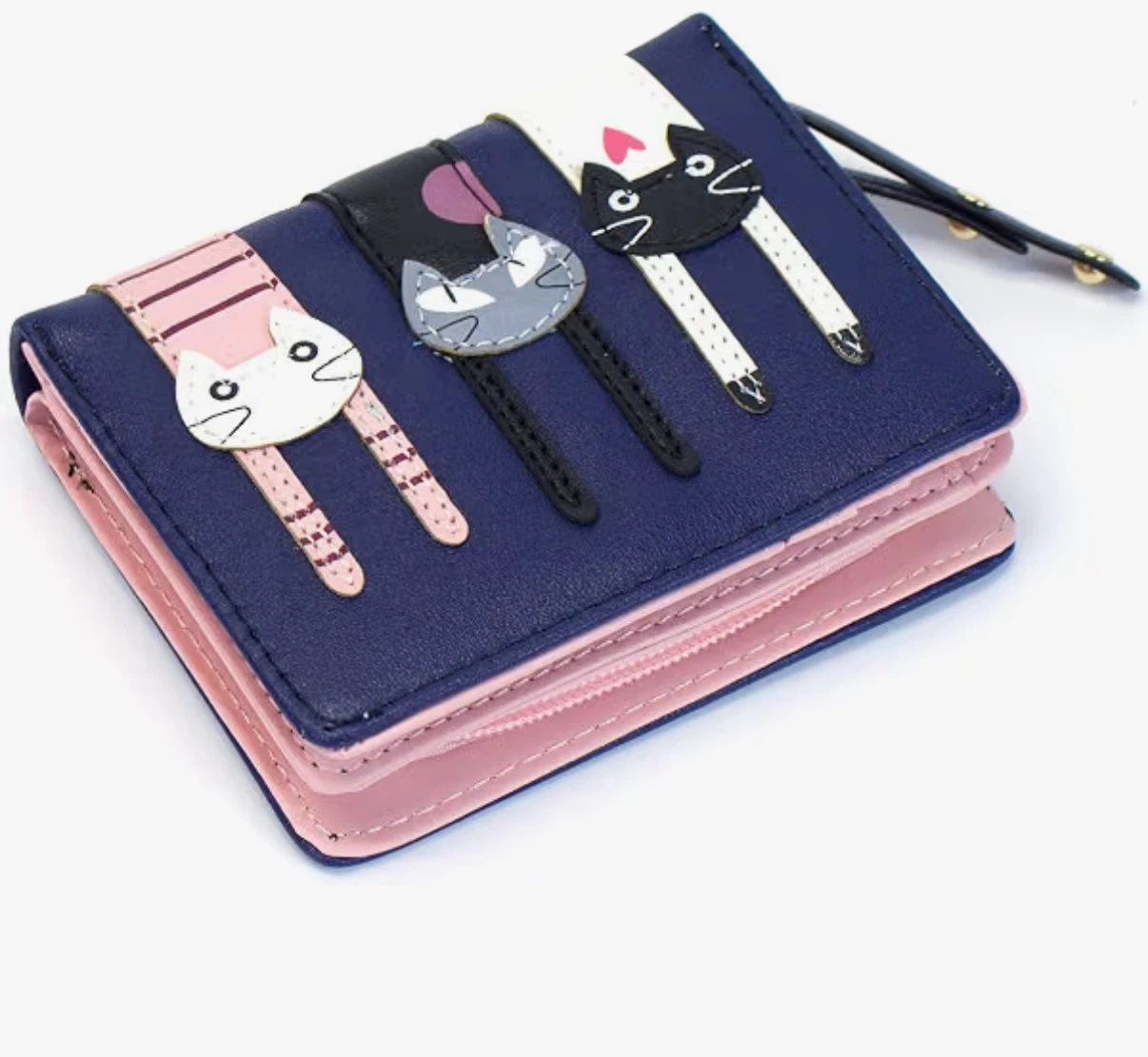 New Bifold Cute 3 Cat Zipeer Clutch Wallet - Navy Blue