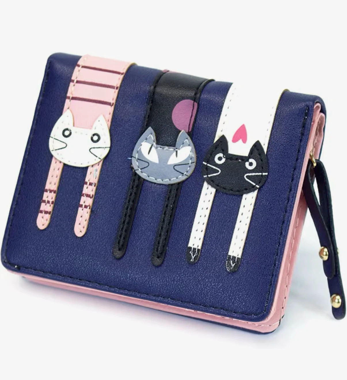 New Bifold Cute 3 Cat Zipeer Clutch Wallet - Navy Blue - photo 4