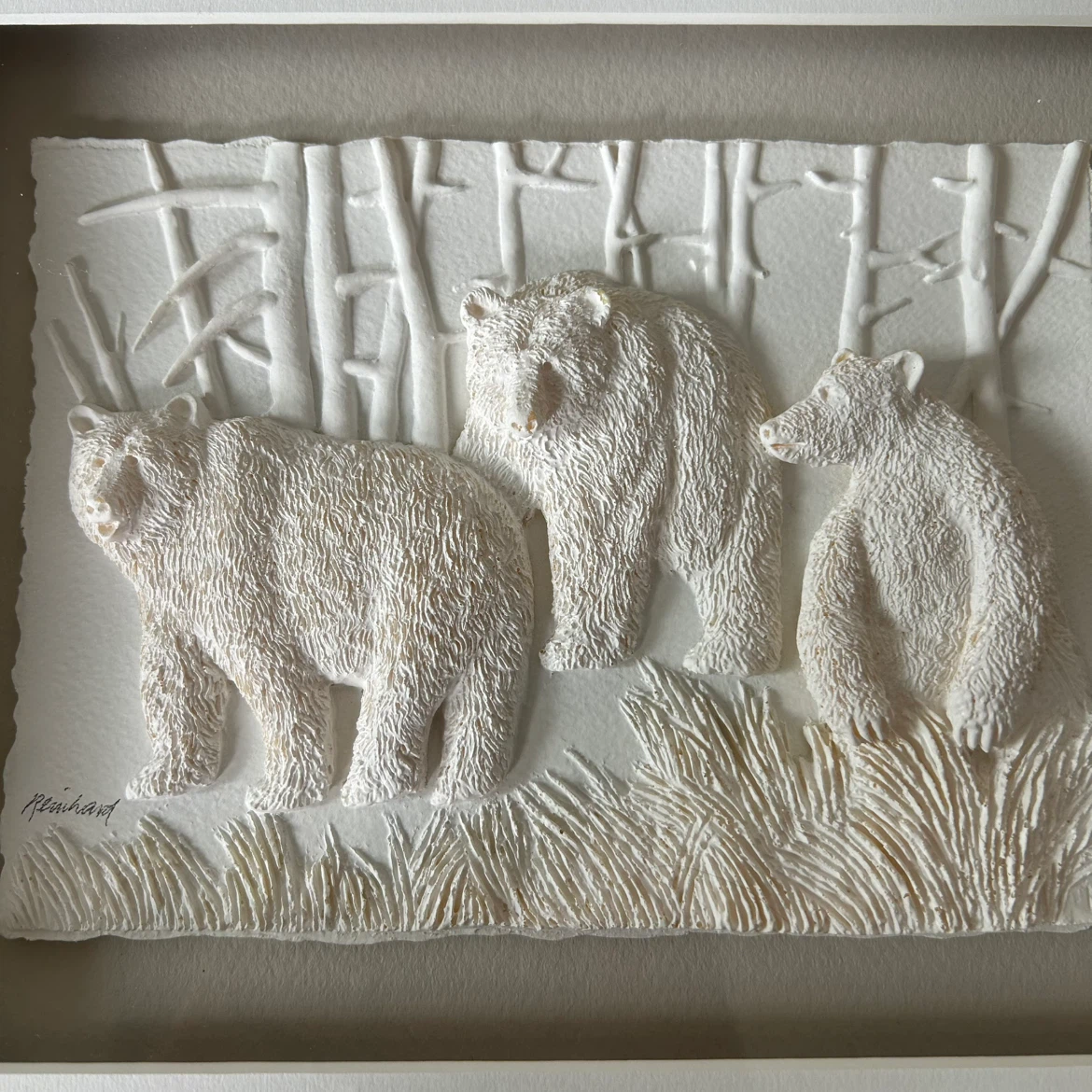 Vintage 3D Cast Paper Art – Bears in Forest – Signed - photo 2