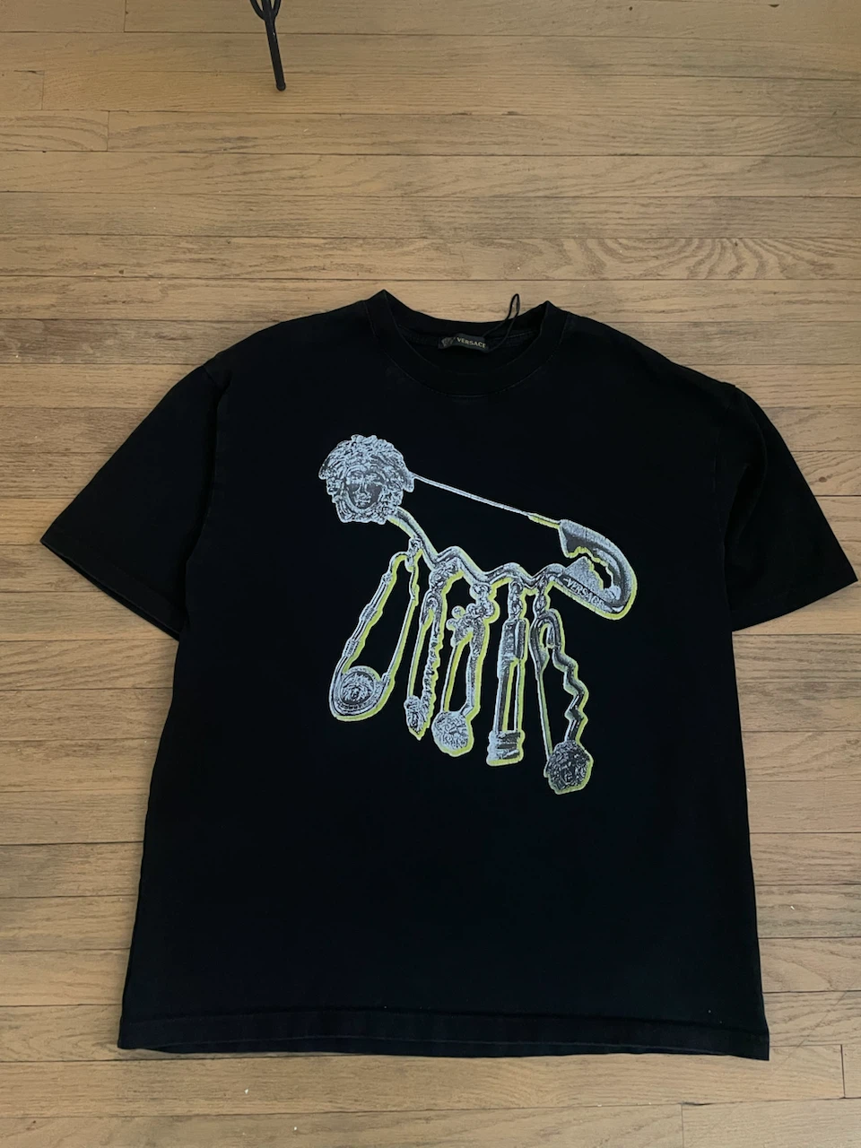 Versace Black T-Shirt with Medusa Safety Pin Graphic