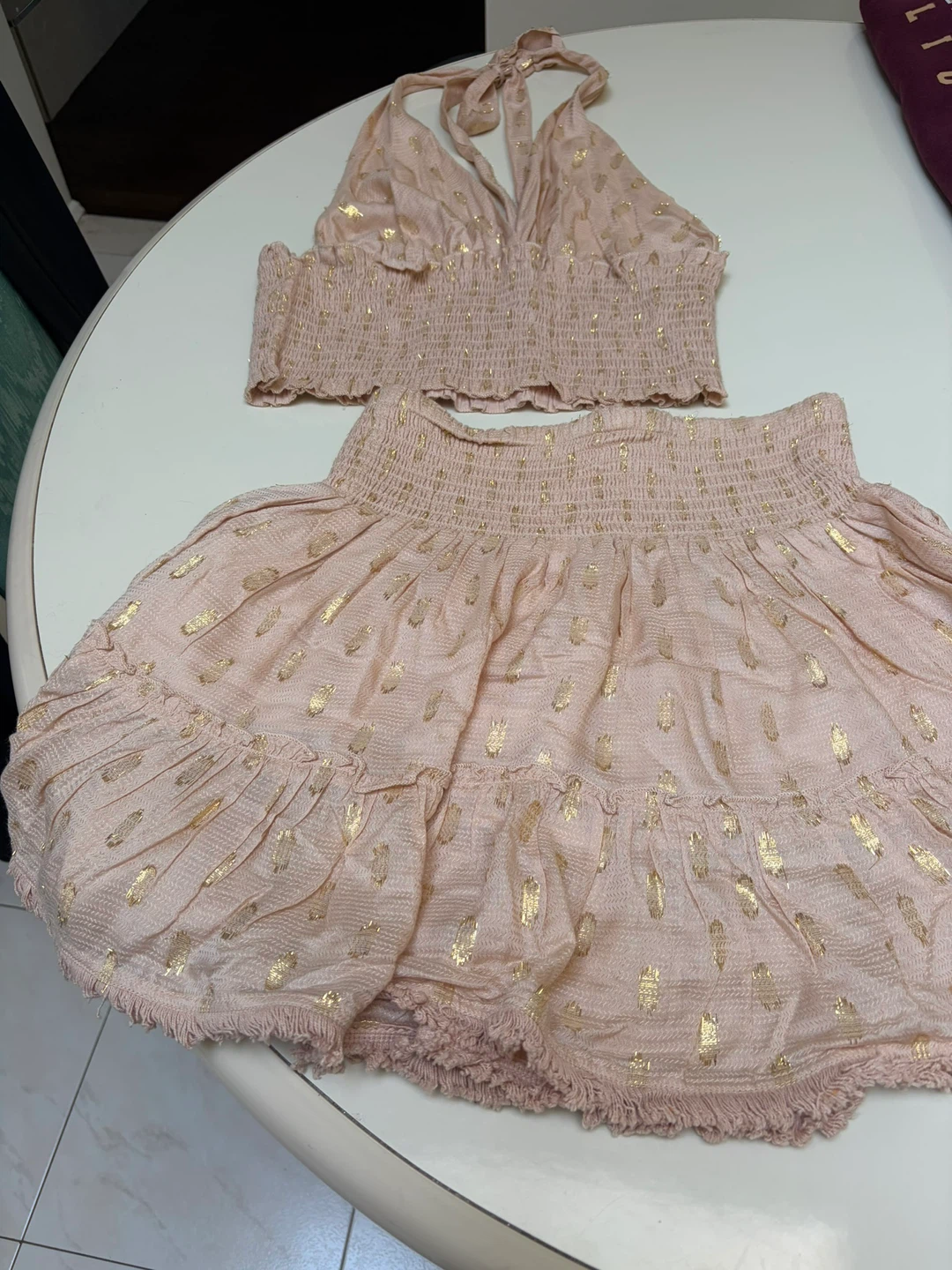 Pink Smocked Halter Crop Top and Ruffle Skirt Set