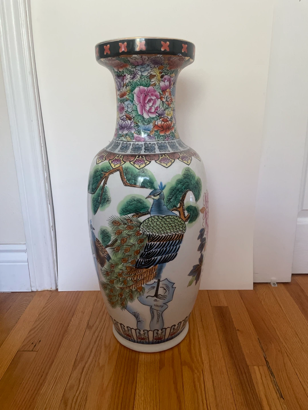 Large Decorative Ceramic Vase - Floral & Peacock Design