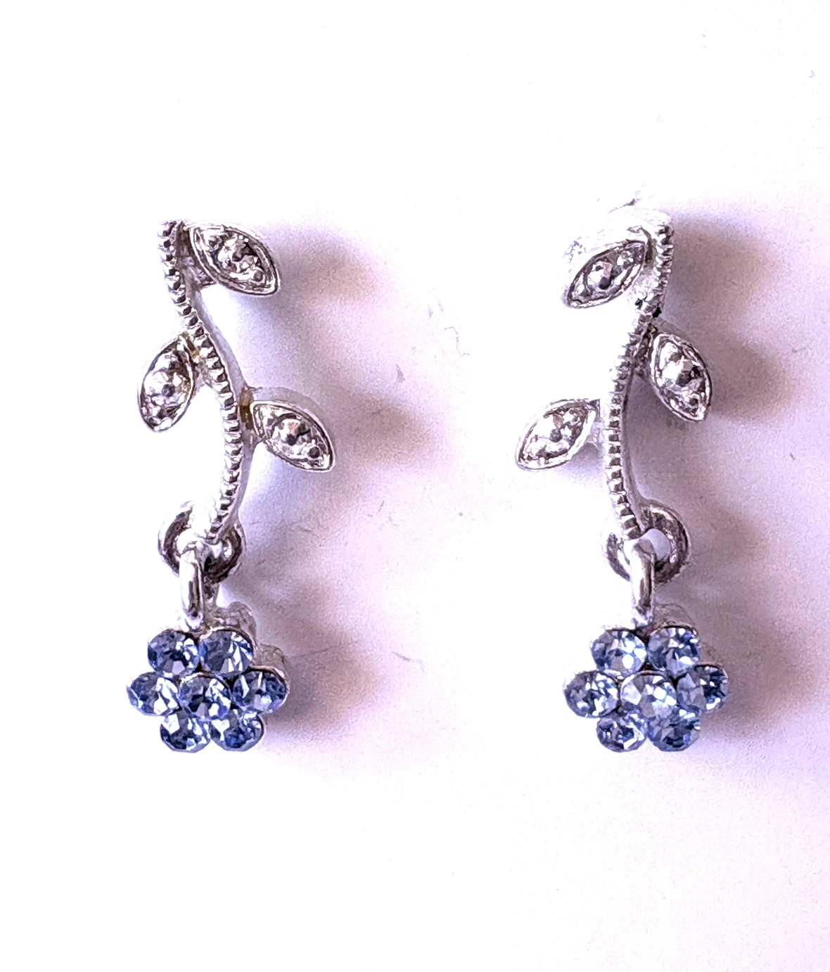 Floral earrings with blue crystals/rhinestones, new