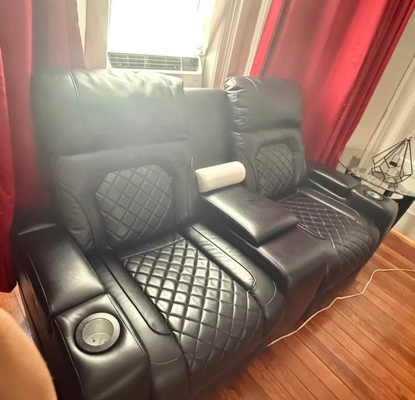 two Black Leather Power Reclining Loveseat with Cup Holder