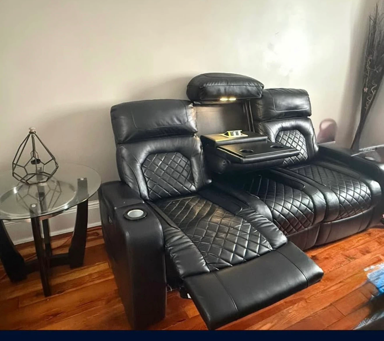 two Black Leather Power Reclining Loveseat with Cup Holder - photo 2