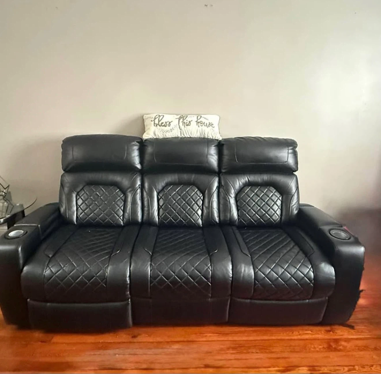 two Black Leather Power Reclining Loveseat with Cup Holder - photo 3