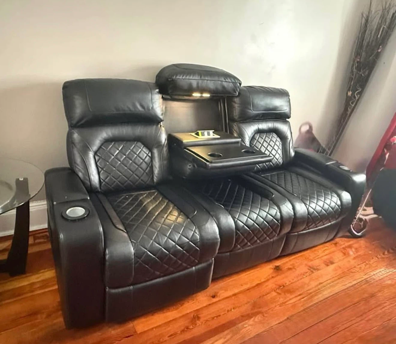 two Black Leather Power Reclining Loveseat with Cup Holder - photo 4