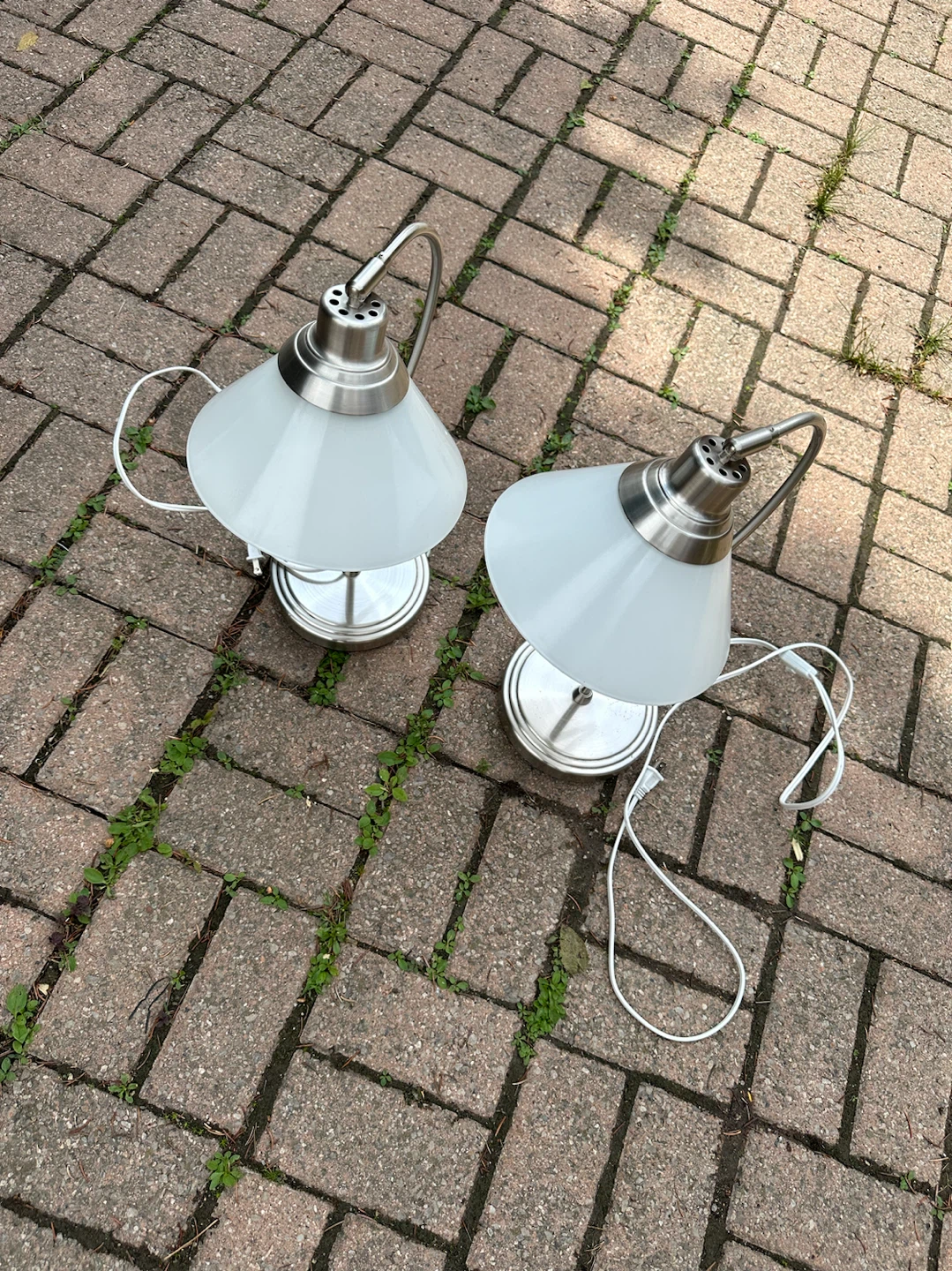 IKEA Brushed Nickel Desk Lamps with White Frosted Shades