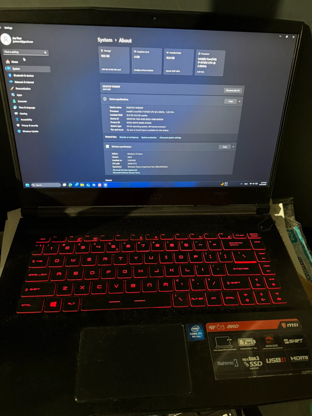 MSI GF63 8RD Gaming Laptop - Intel l i7-8750H, 16GB RAM, 1TB HDD
