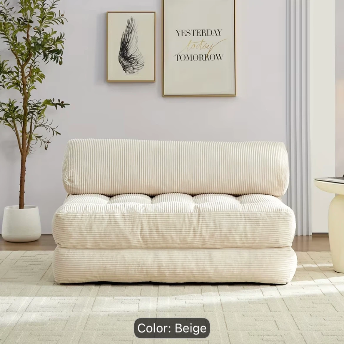 Beige Corduroy Convertible Floor Sofa Bed