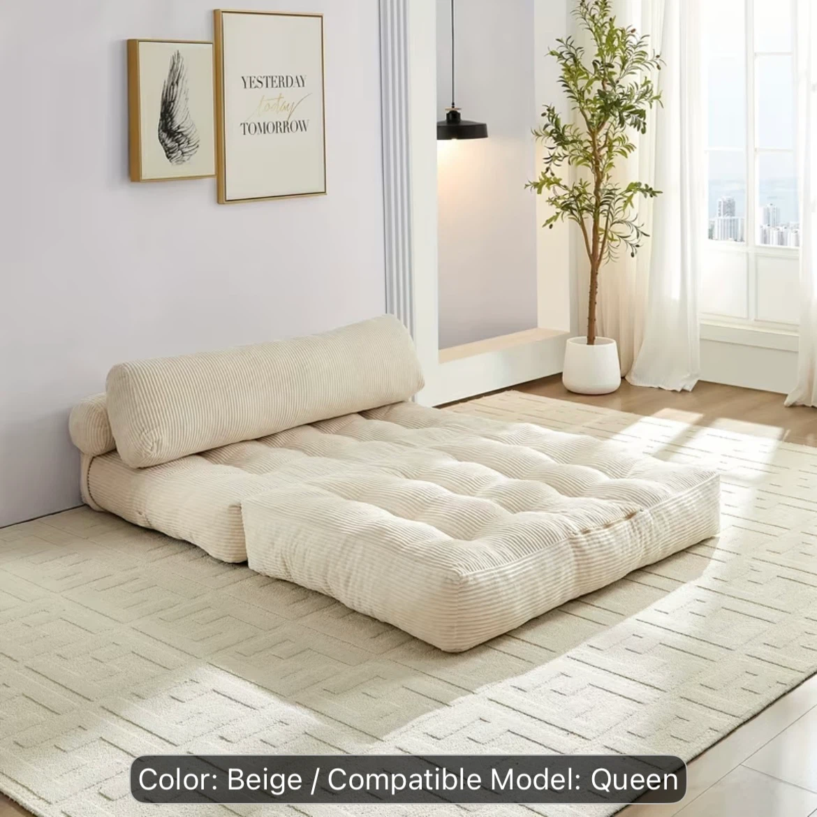 Beige Corduroy Convertible Floor Sofa Bed - photo 2