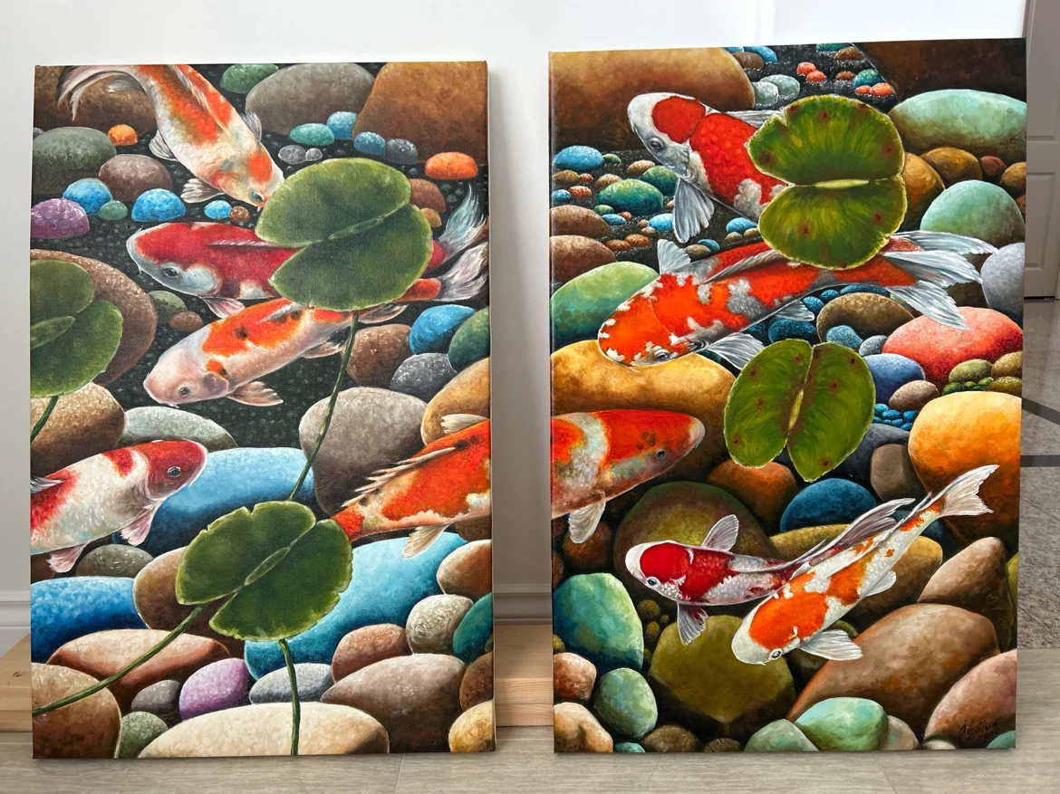 Original Painting of Koi Fish Pond - photo 3