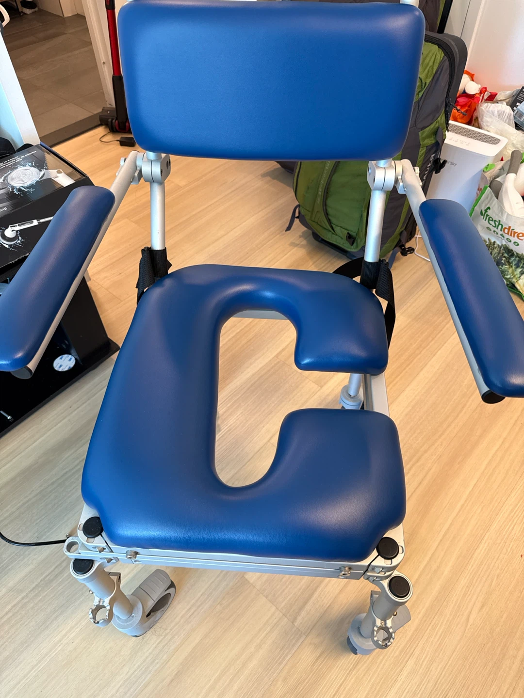 Blue Shower Wheelchair with Padded Arms