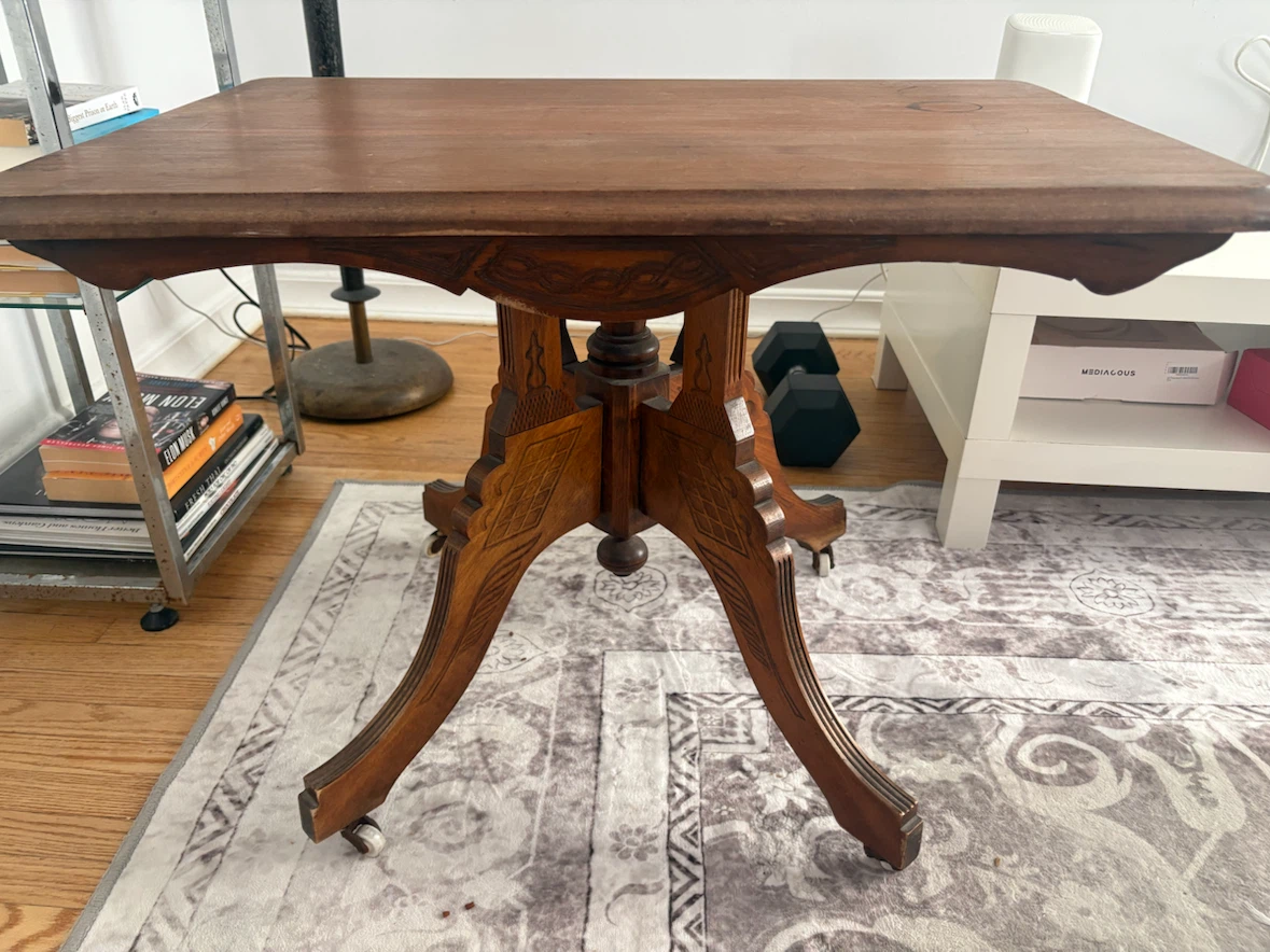Antique Victorian Wood Parlor Accent Table on Wheels