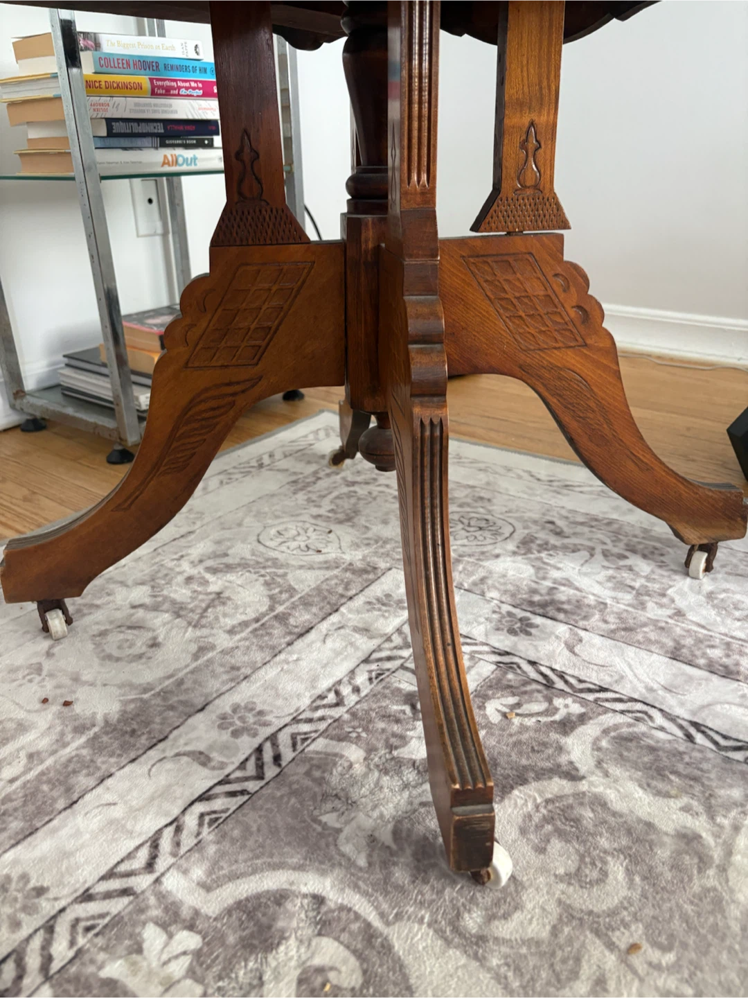 Antique Victorian Wood Parlor Accent Table on Wheels - photo 2
