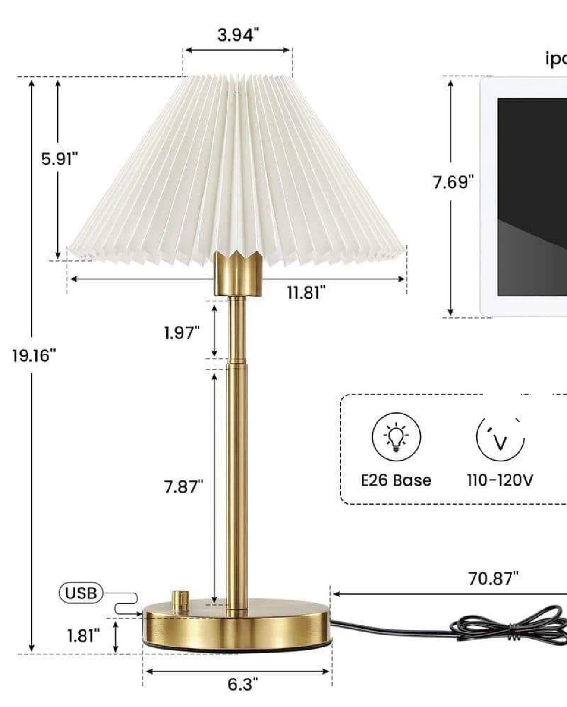 Vintage Pleated Table Lamp - Brass Finish - photo 2