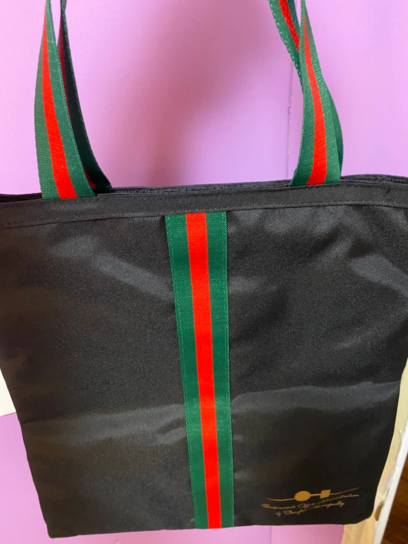 Black Tote Bag with Red and Green Stripes