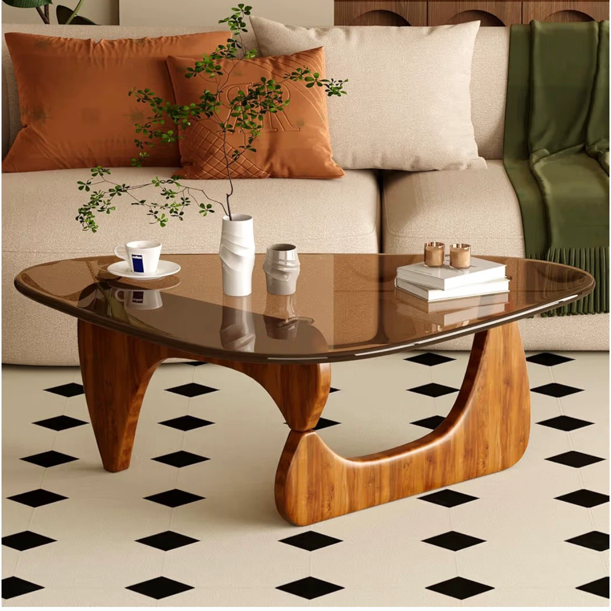 Noguchi style Coffee Table with Oak Wood Base