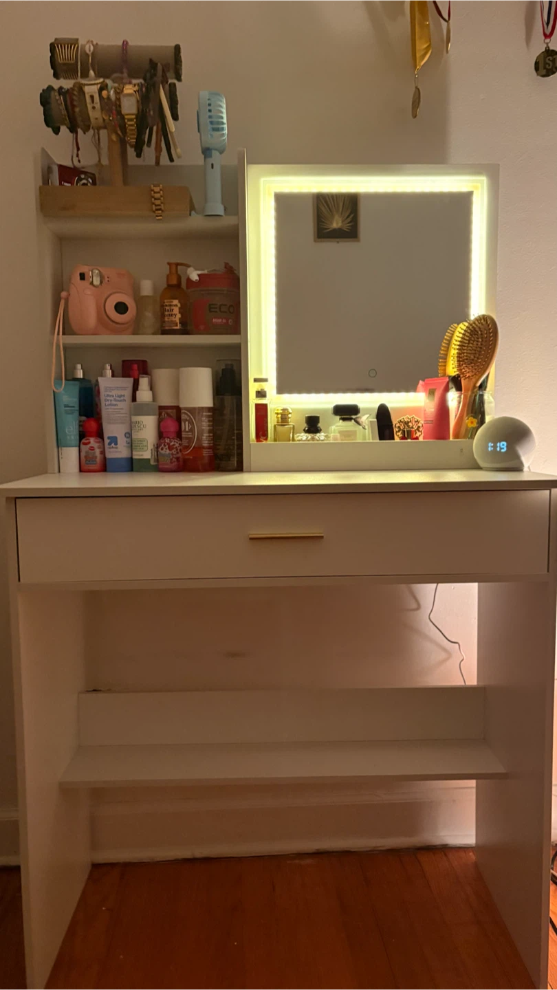 White Vanity Desk with LED Mirror and Drawer
