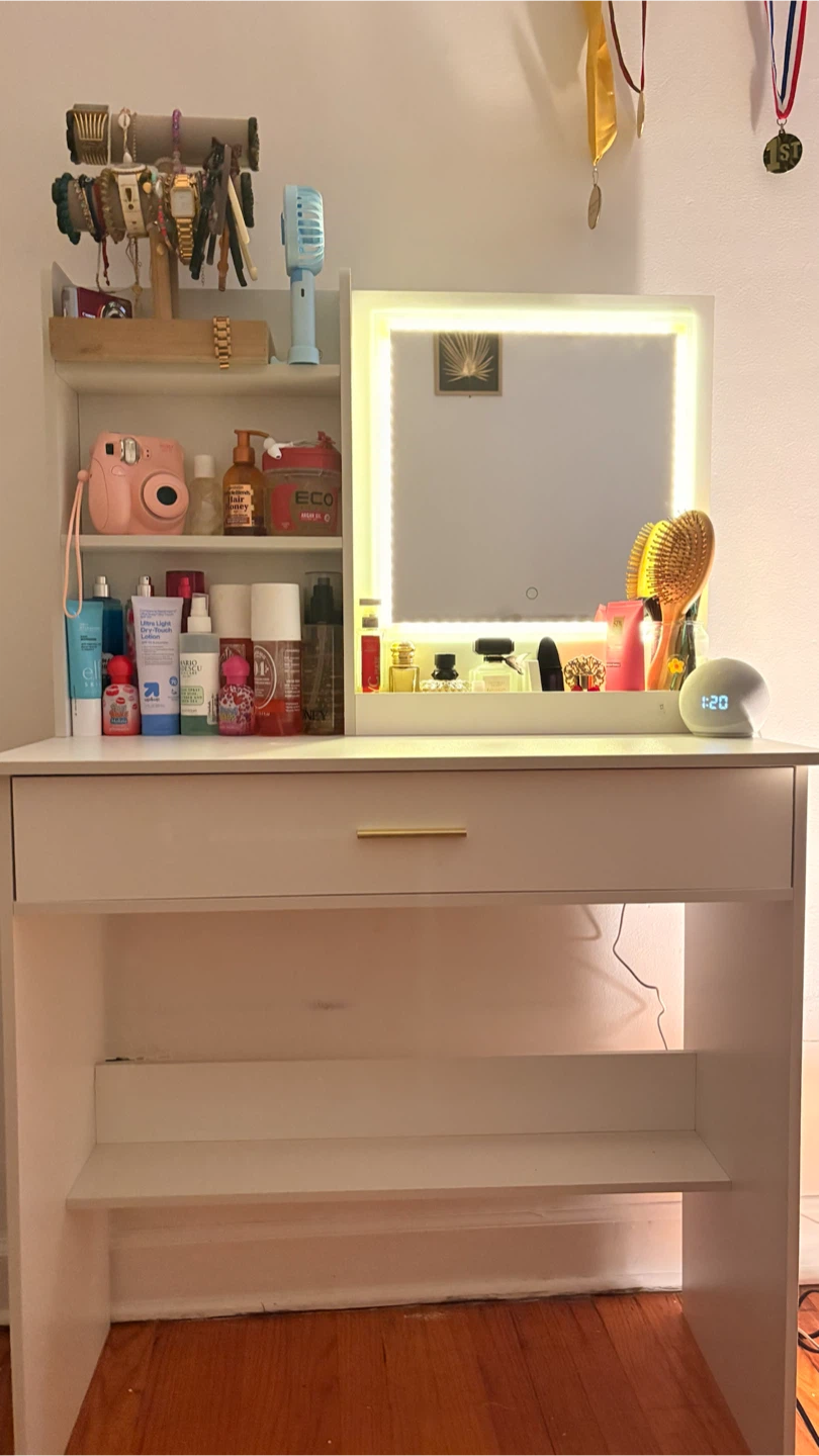 White Vanity Desk with LED Mirror and Drawer - photo 2