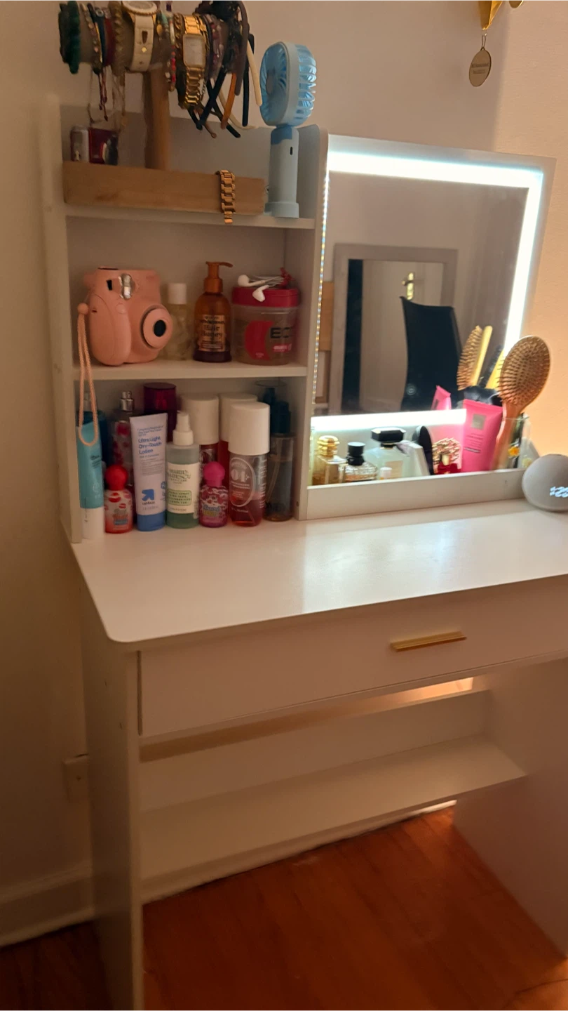 White Vanity Desk with LED Mirror and Drawer - photo 3