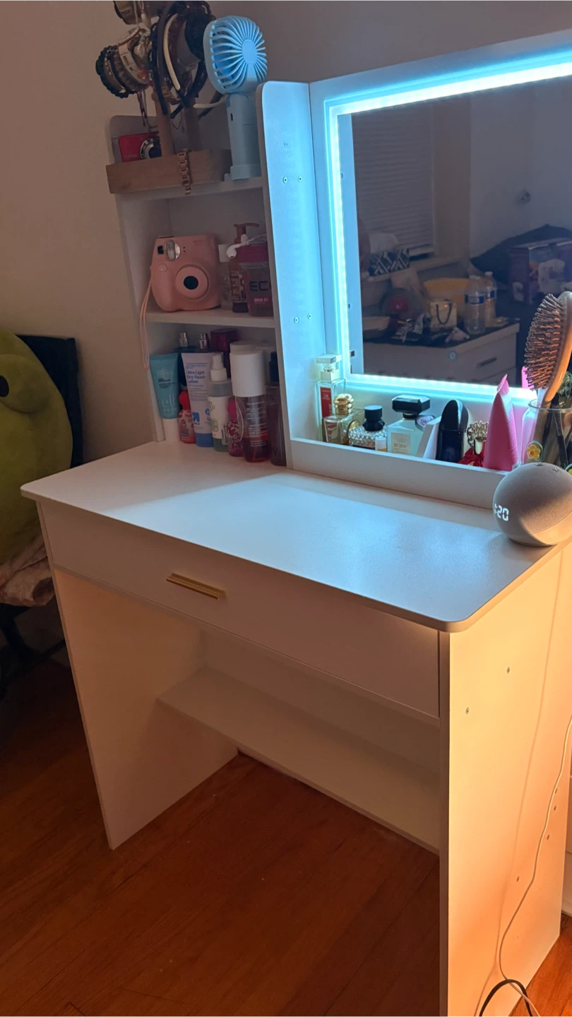 White Vanity Desk with LED Mirror and Drawer - photo 4