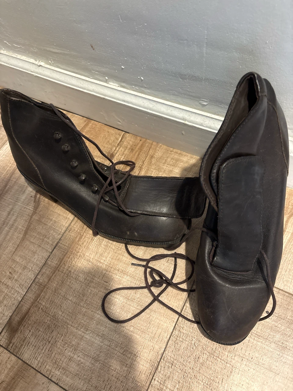 Brown Leather Lace-Up Button Boots