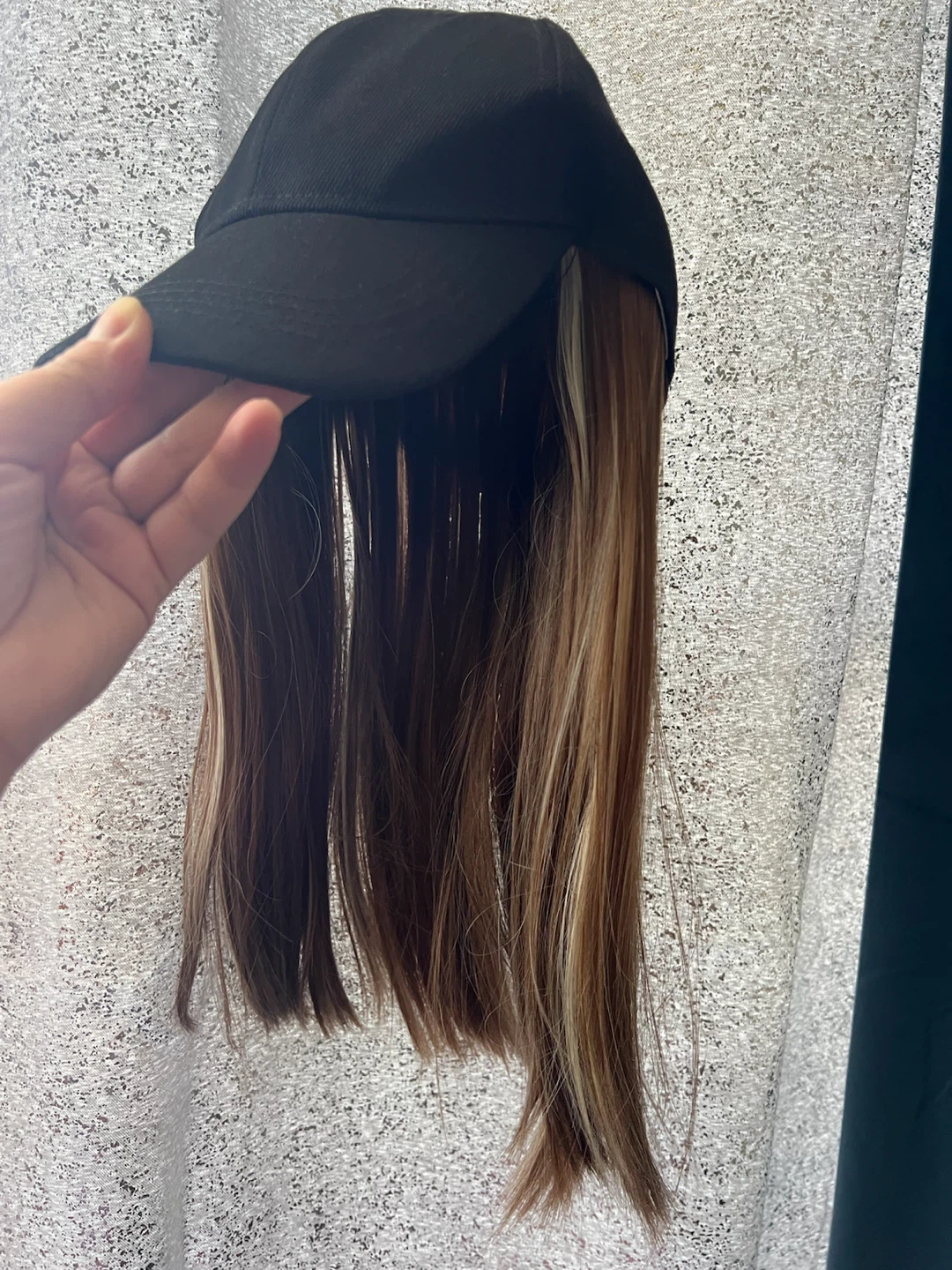 Black Baseball Cap with Attached Blonde Streaked Hair