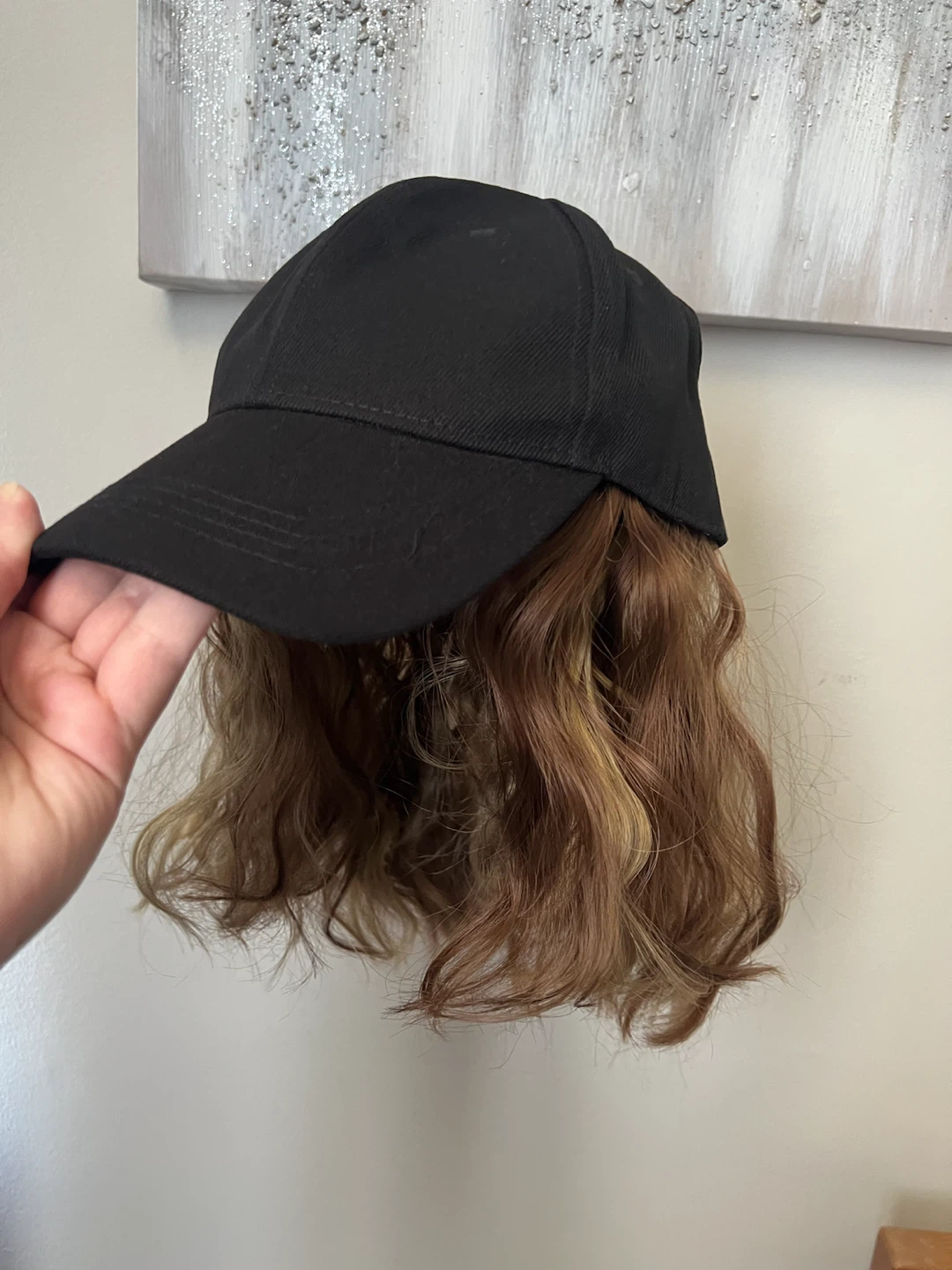 Black Baseball Cap with Attached Wavy Hair