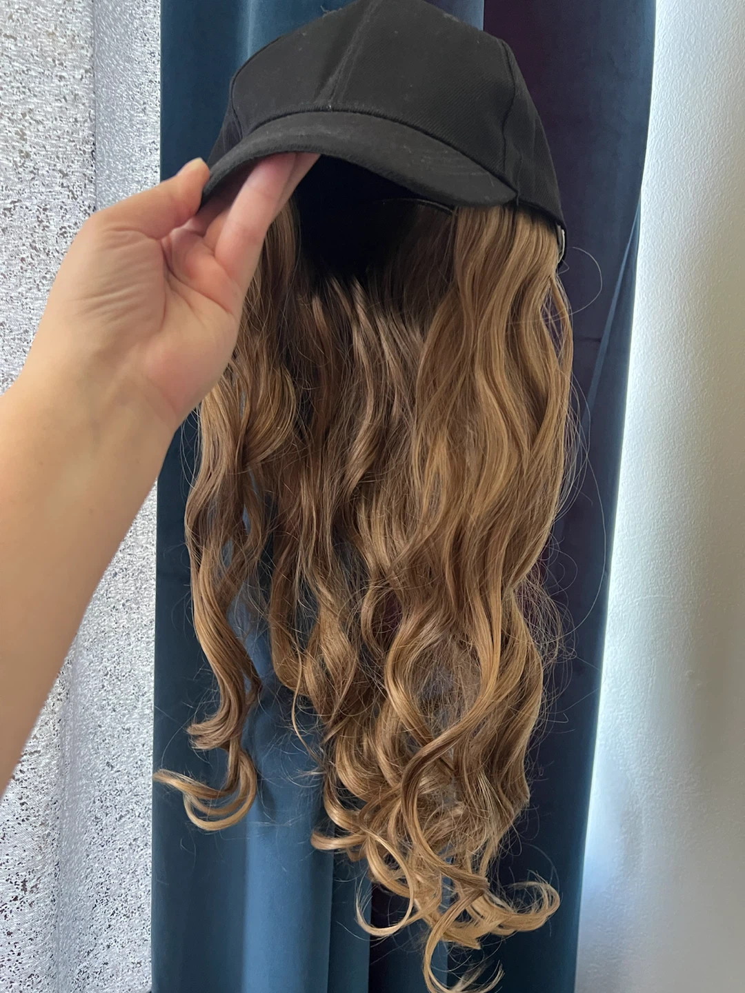 Black Baseball Cap with Curly Blonde Hair Extension