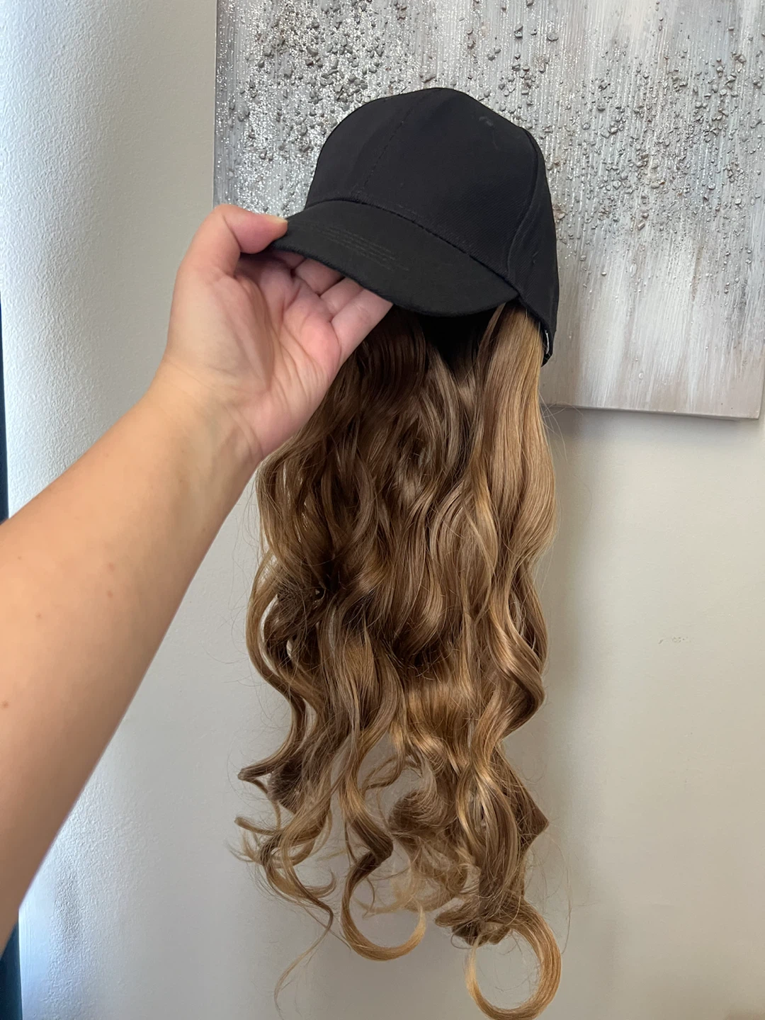 Black Baseball Cap with Long Curly Brown Hair Extension