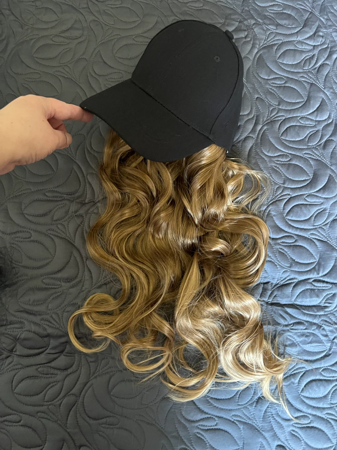 Black Baseball Cap with Long Curly Brown Hair Extension - photo 2