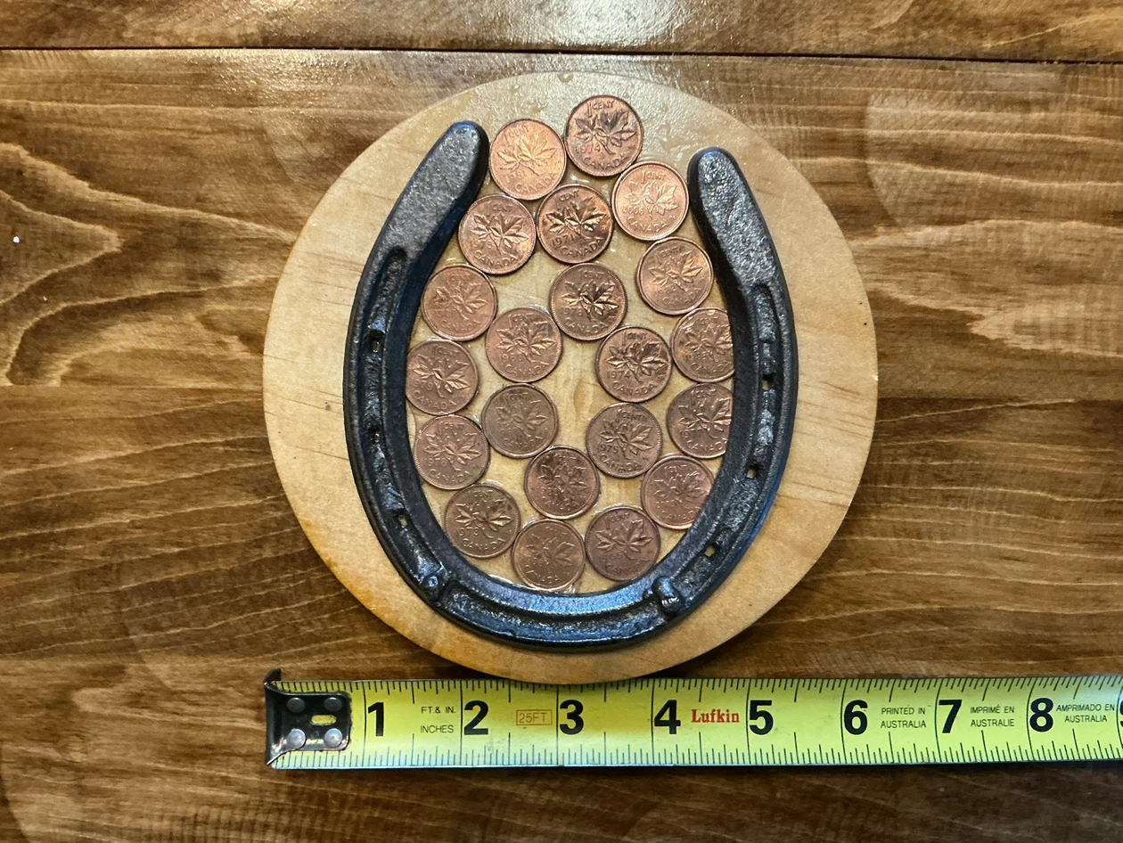 Antique Lucky Horseshoe with Canadian Pennies on Wood Plaque - photo 3
