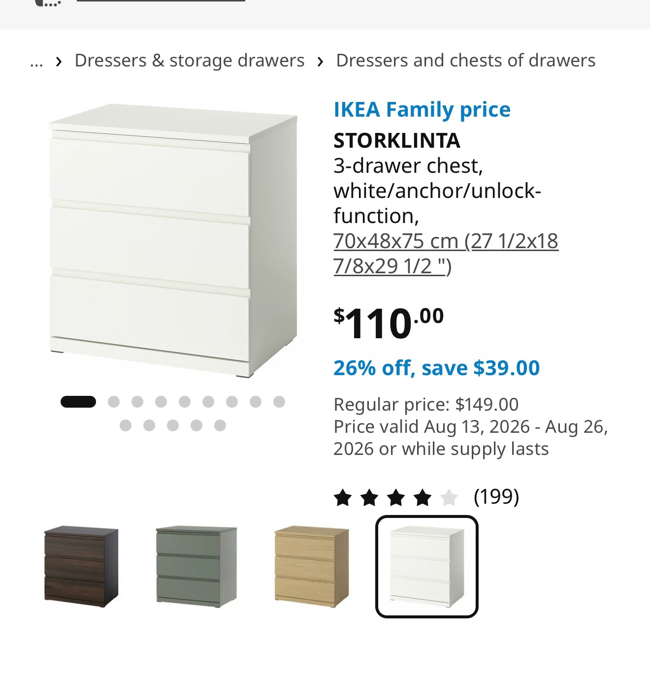 IKEA STORKLINTA 3-drawer chest white 70x48x75 cm