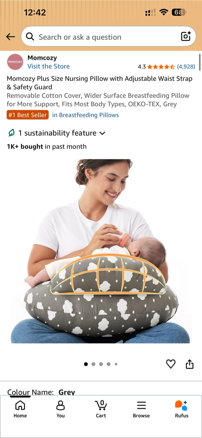Momcozy Nursing Pillow Grey Cloud Print