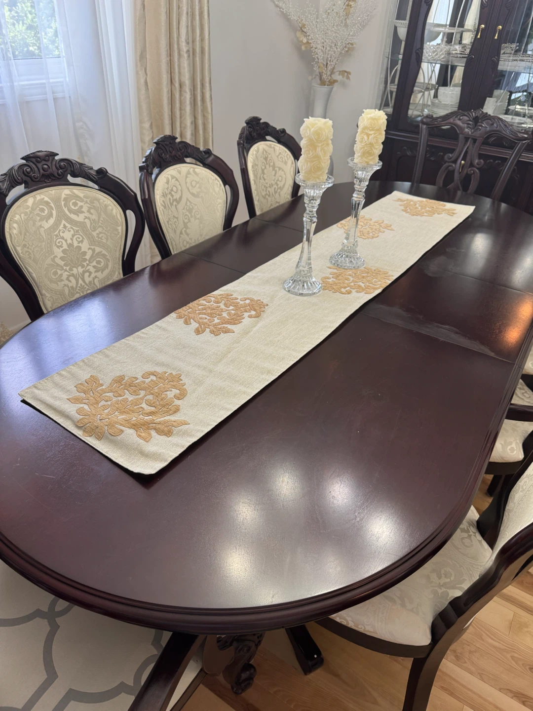 Dark Wood Dining Table & Dining Cabinet Set with 6 Chairs