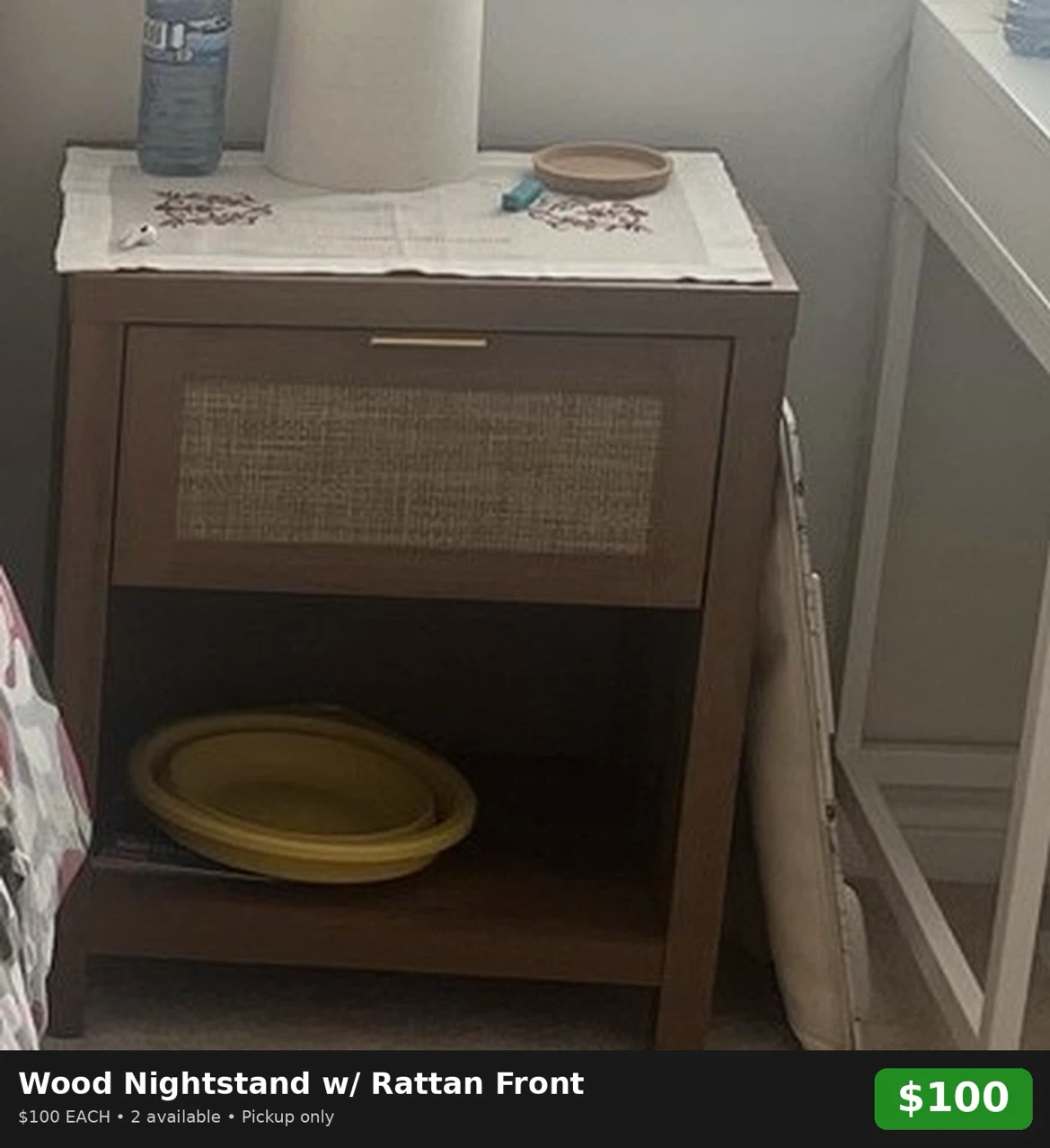 Wood Nightstand w/ Rattan Front