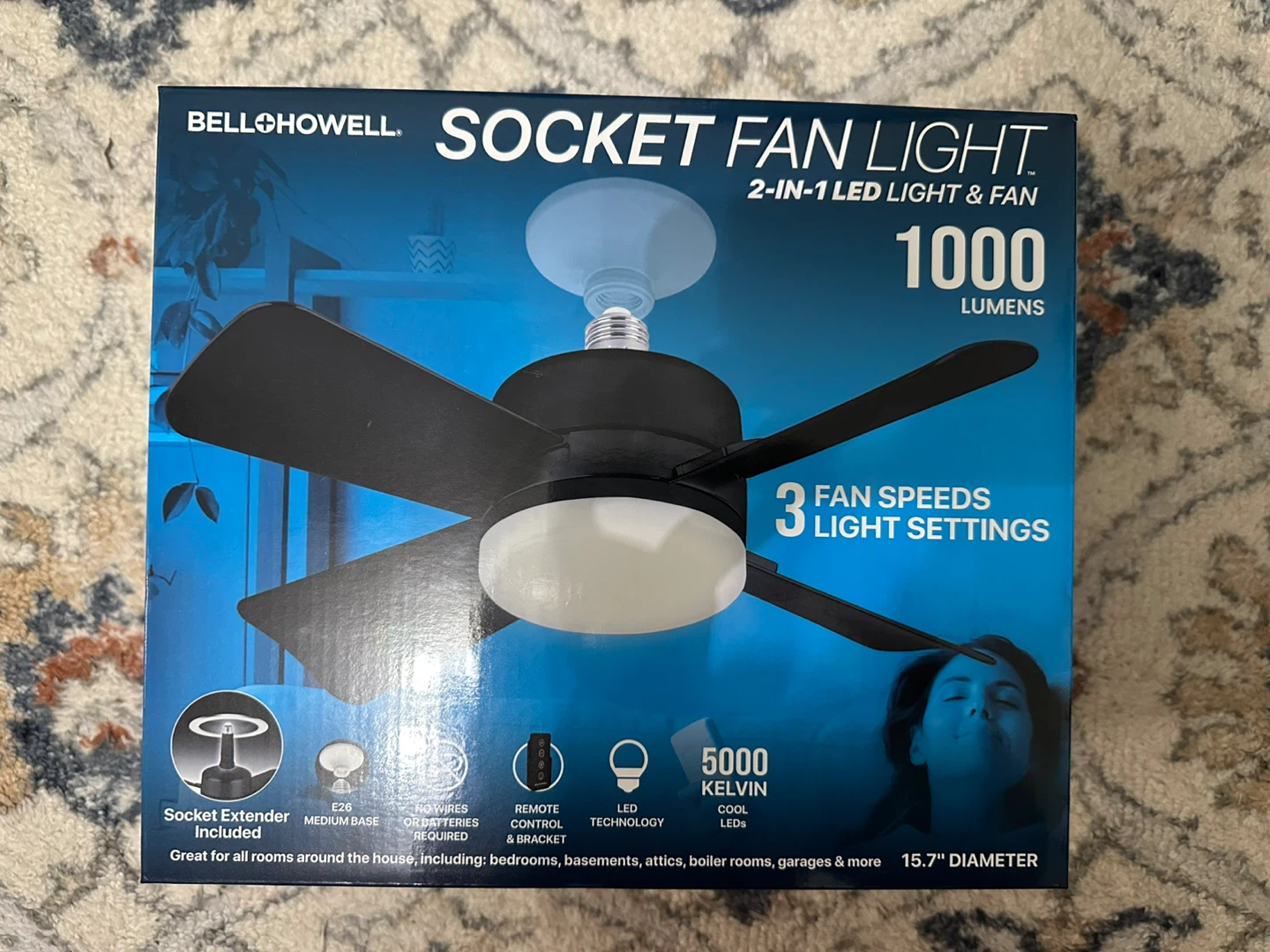 BNIB Bell+Howell Socket Fan Light 2-in-1 LED Light & Fan