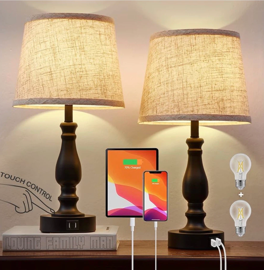 Set of 2 Bedside Touch Control Lamps with USB Ports - photo 3
