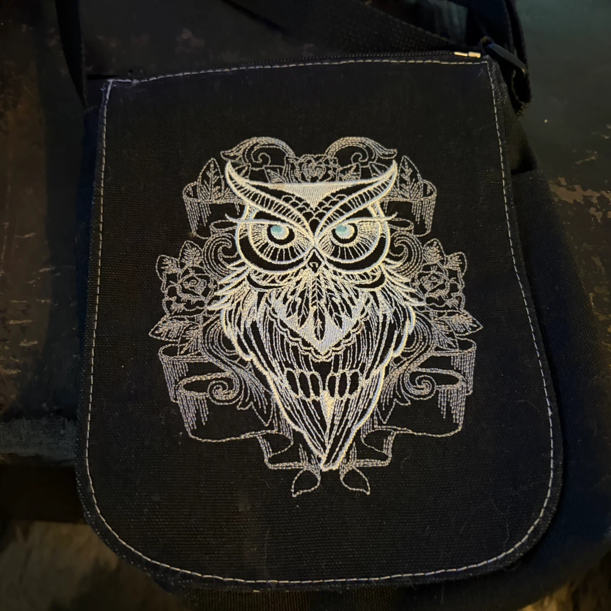 Black Crossbody Bag with Embroidered Owl Design