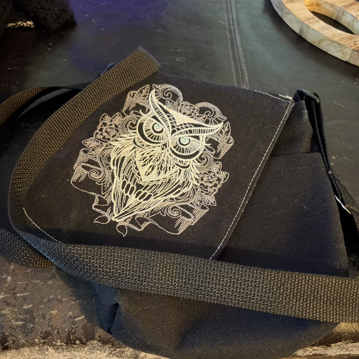 Black Crossbody Bag with Embroidered Owl Design - photo 2