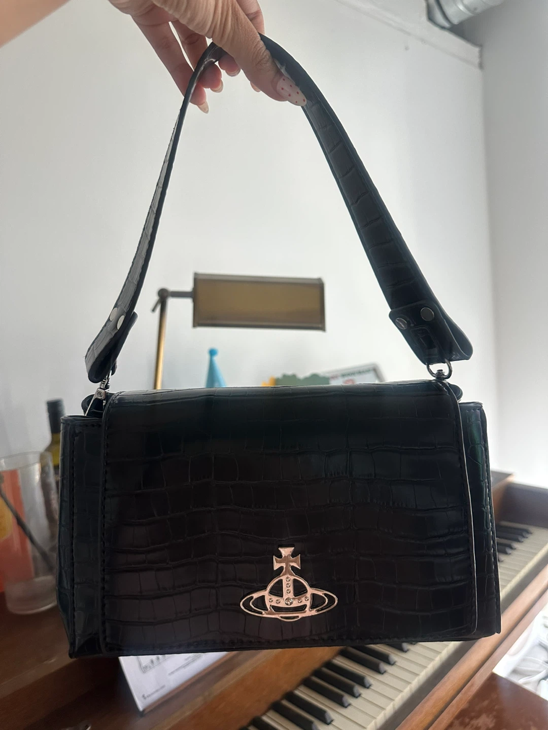 Vivienne Westwood Black Croc Embossed Shoulder Bag