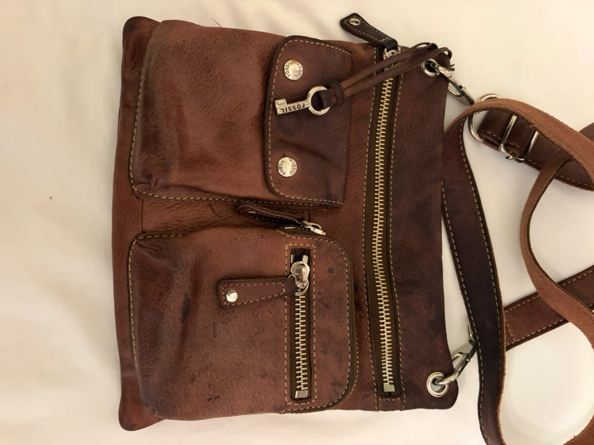 Fossil Brown Leather Crossbody Bag with Key Accent