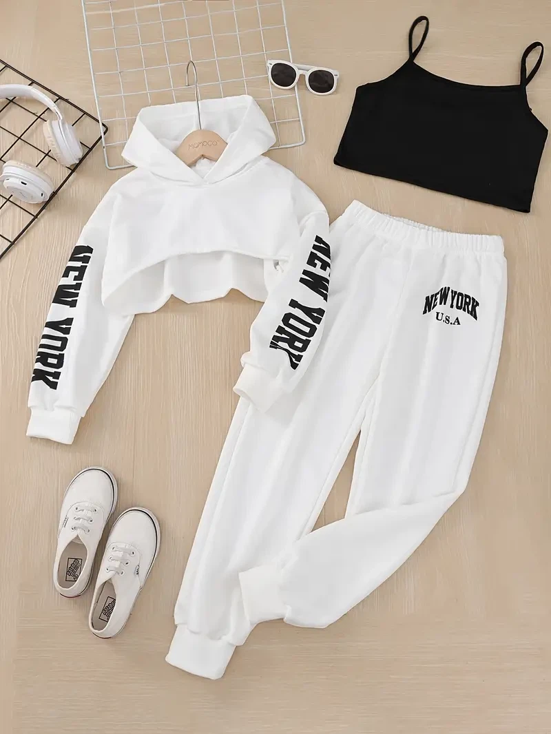 White 2 pc cropped Hoodie & Joggers Set with "New York" Graphic